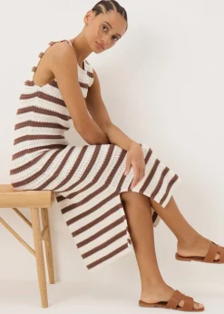 Brown Crochet Stripe Midi Dress