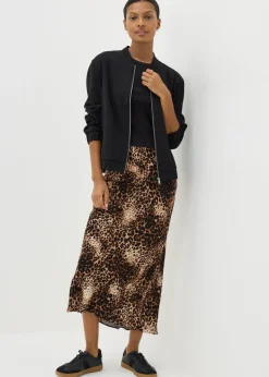 Brown Leopard Print Satin Midaxi Slip Skirt