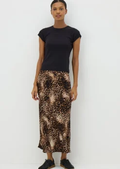 Brown Leopard Print Satin Midaxi Slip Skirt