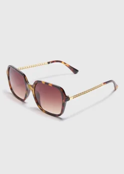 Brown Tortoiseshell Chain Detail Ombre Lens Oversized Sunglasses