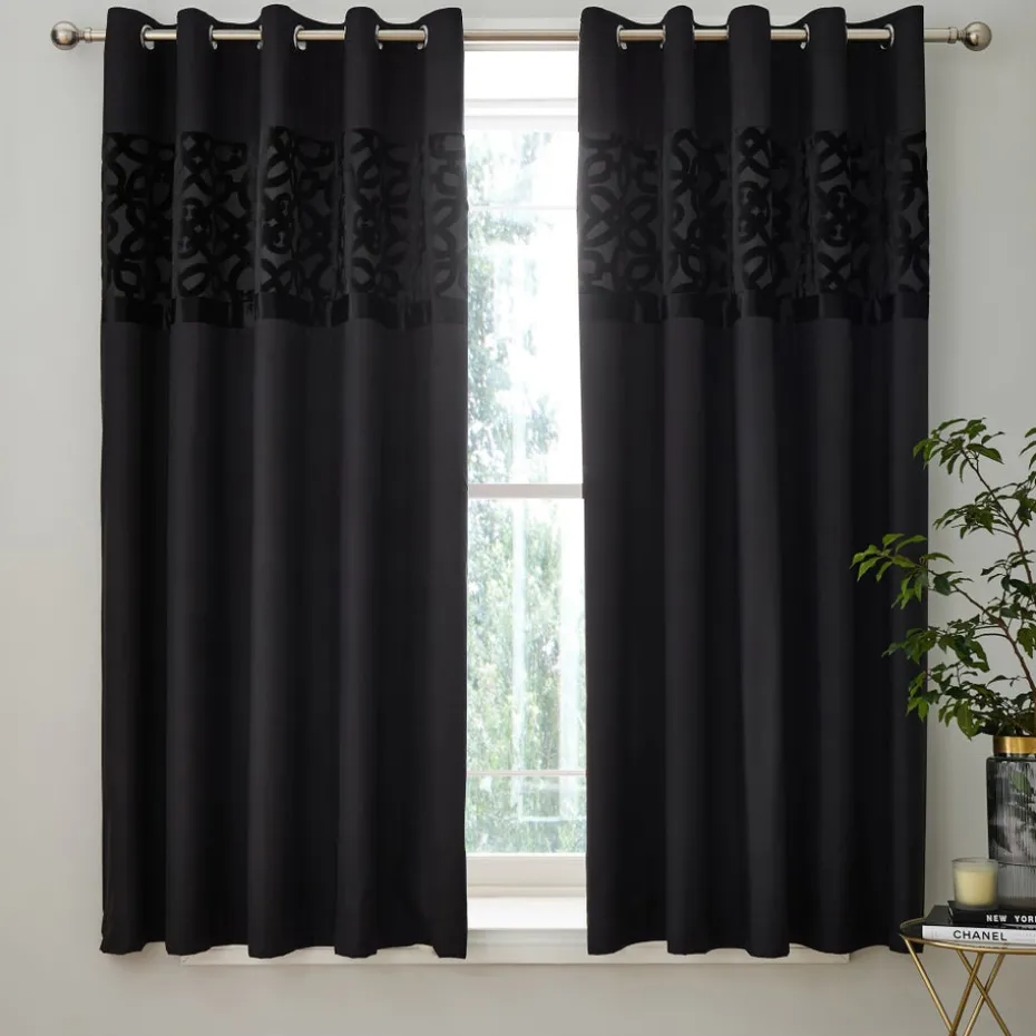 Catherine Lansfield Black Lattice Cut Velvet Lined Eyelet Curtains Two Panels