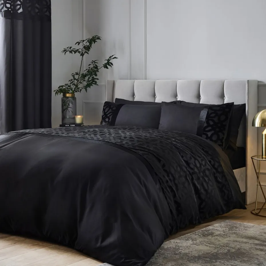 Catherine Lansfield Black Lattice Cut Velvet Lined Eyelet Curtains Two Panels