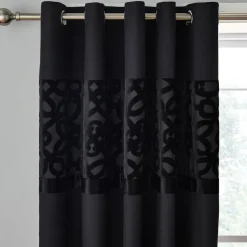 Catherine Lansfield Black Lattice Cut Velvet Lined Eyelet Curtains Two Panels
