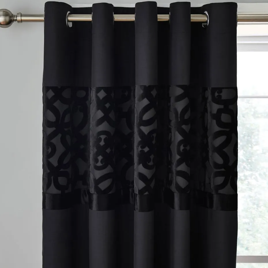 Catherine Lansfield Black Lattice Cut Velvet Lined Eyelet Curtains Two Panels
