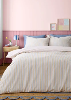 Catherine Lansfield Brighton Stripe Bow Trim Pastel Duvet Cover Set