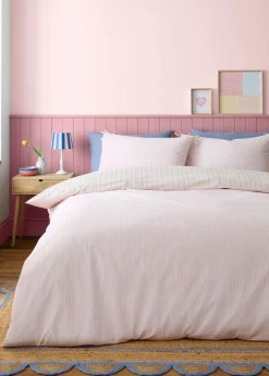 Catherine Lansfield Brighton Stripe Bow Trim Pastel Duvet Cover Set