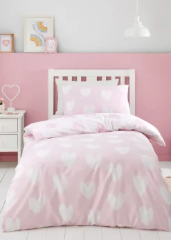 Catherine Lansfield Brushed Cotton Hearts Reversible Pink White Duvet Cover Set