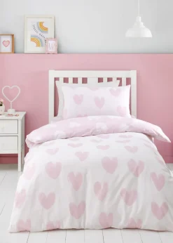 Catherine Lansfield Brushed Cotton Hearts Reversible Pink White Duvet Cover Set