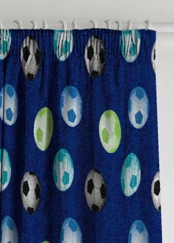 Catherine Lansfield Kids Football Lined Pencil Pleat Blue Curtains