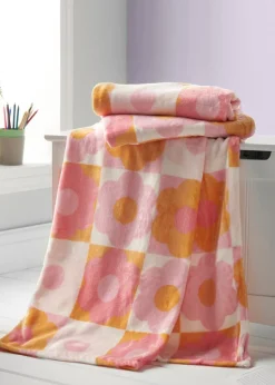 Catherine Lansfield Retro Daisy Cosy Fleece Pink Yellow Blanket Throw