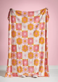 Catherine Lansfield Retro Daisy Cosy Fleece Pink Yellow Blanket Throw