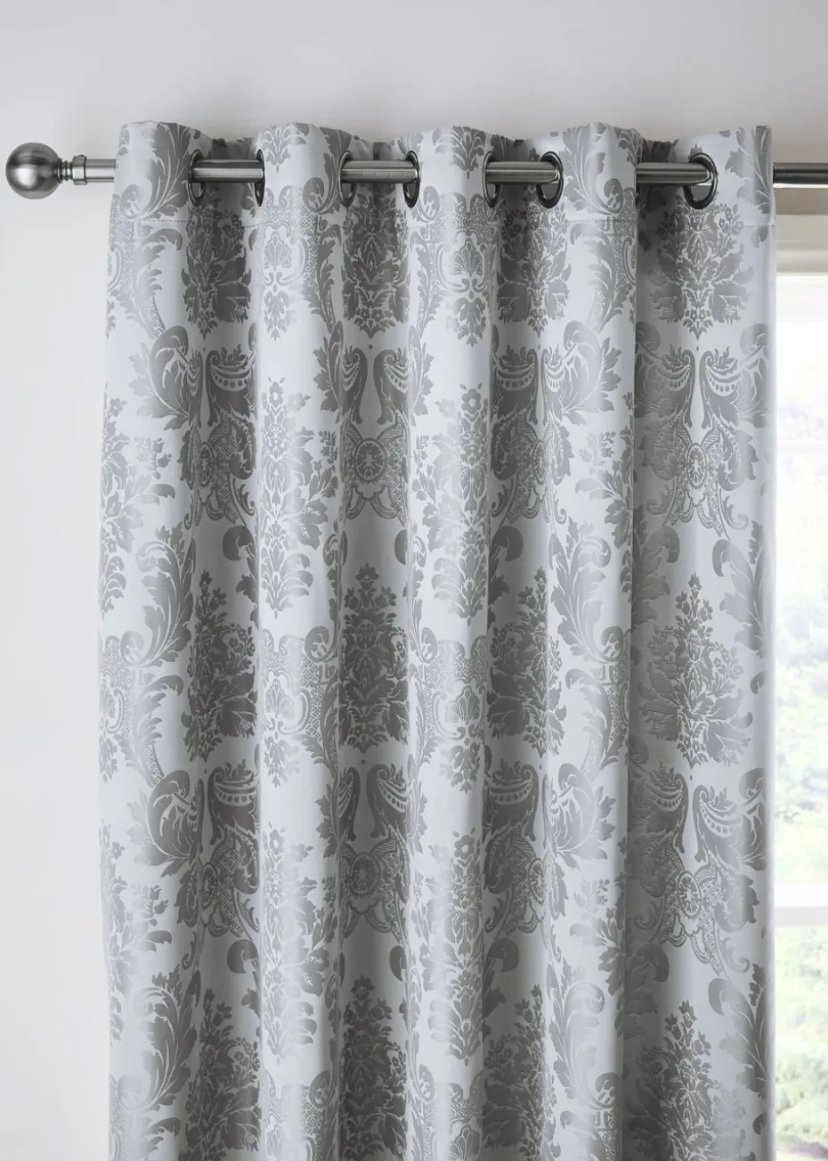 Catherine Lansfield Silver Grey Damask Jacquard Lined Eyelet Curtains Two Panels