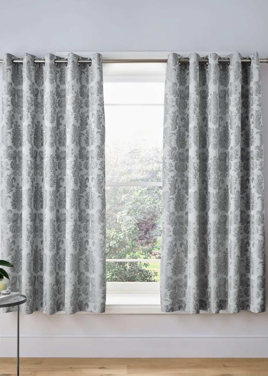 Catherine Lansfield Silver Grey Damask Jacquard Lined Eyelet Curtains Two Panels