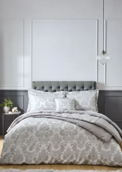 Catherine Lansfield Silver Grey Damask Jacquard Lined Eyelet Curtains Two Panels