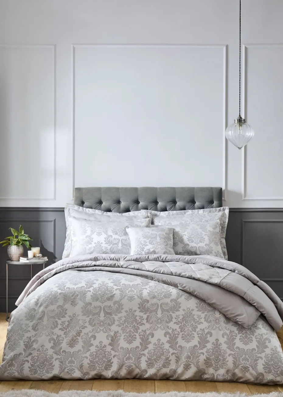 Catherine Lansfield Silver Grey Damask Jacquard Lined Eyelet Curtains Two Panels