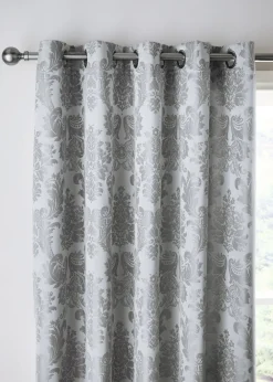 Catherine Lansfield Silver Grey Damask Jacquard Lined Eyelet Curtains Two Panels