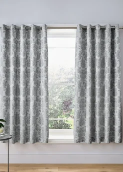 Catherine Lansfield Silver Grey Damask Jacquard Lined Eyelet Curtains Two Panels