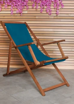 Charles Bentley Folding FSC Eucalyptus Wooden Deck Chair Beach Sun Lounger Teal