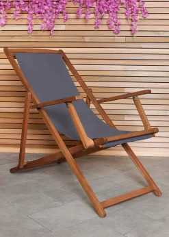 Charles Bentley Folding FSC Eucalyptus Wooden Deck Chair Beach Sun Lounger Grey