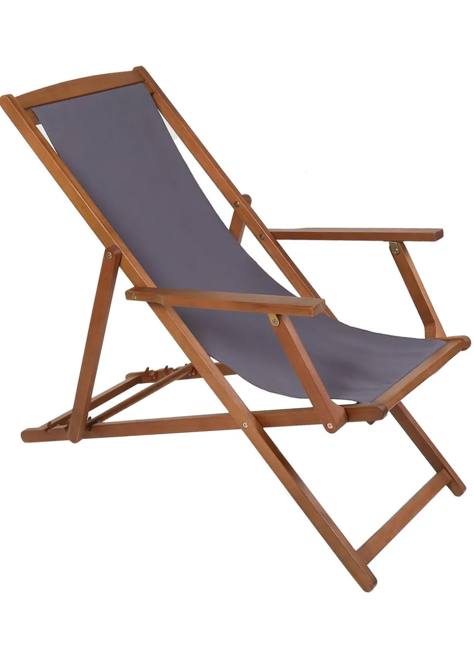 Charles Bentley Folding FSC Eucalyptus Wooden Deck Chair Beach Sun Lounger Grey