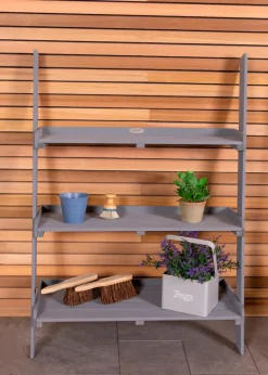 Charles Bentley FSC Wide Wooden Ladder Planter Grey 3 Shelves (H110cm x D33cm x W79cm)