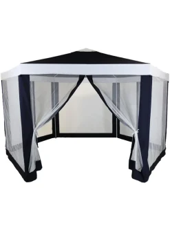 Charles Bentley Hexagonal Gazebo with Mesh Sides Blue/Beige Showerproof (H200cm x W200cm x L200cm)