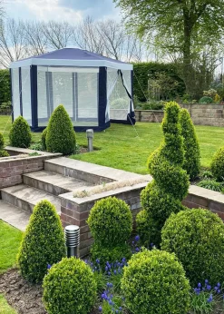 Charles Bentley Hexagonal Gazebo with Mesh Sides Blue/Beige Showerproof (H200cm x W200cm x L200cm)