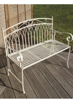 Charles Bentley Wrought Iron Feminine Bench Antique White (H89cm x L104.5cm x W54cm)
