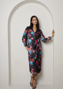 Chi Chi London Black Plus Size Long Sleeve Floral Wrap Dress