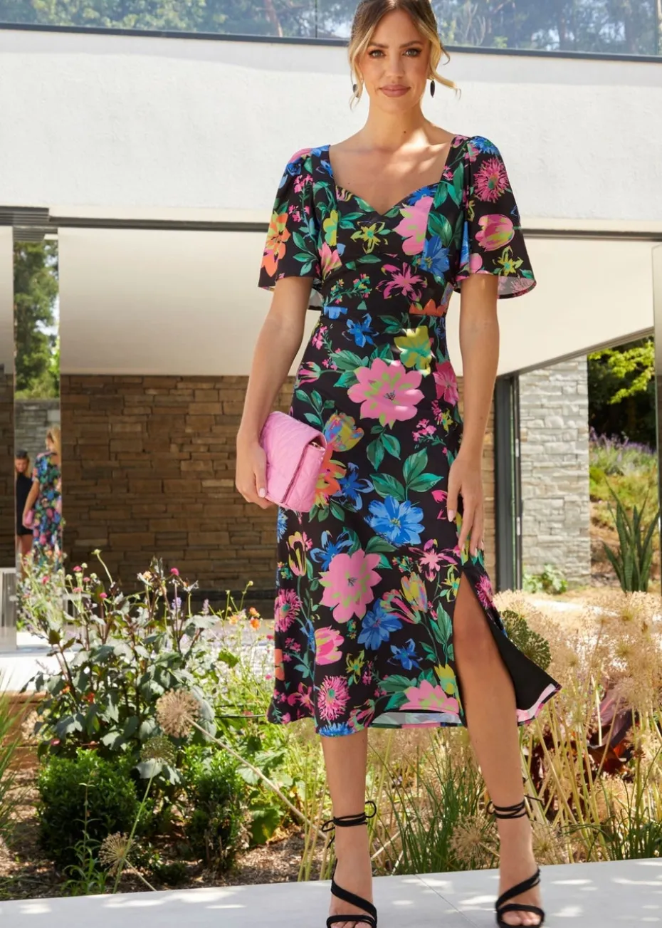 Chi Chi London Black Short Sleeve Floral Midi Dress