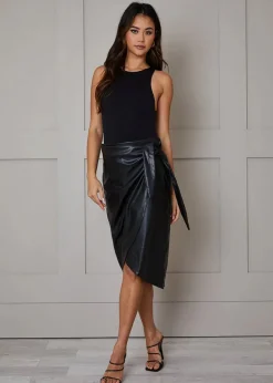 Chi Chi London Black Wrap PU Midi Skirt