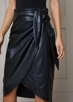 Chi Chi London Black Wrap PU Midi Skirt