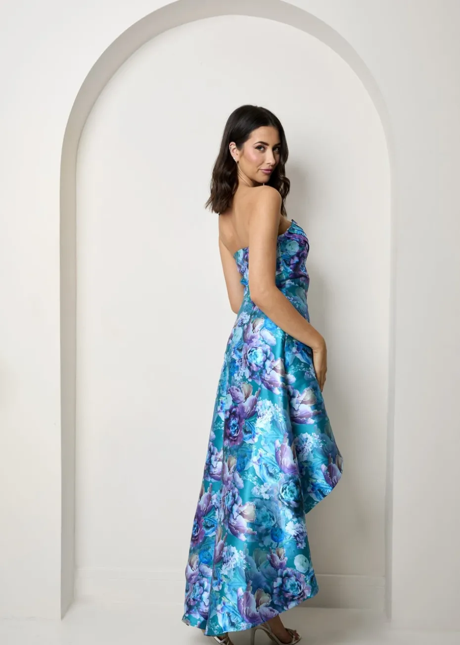 Chi Chi London Blue Bandeau Sweetheart Floral Wrap Detail Dip Hem Dress