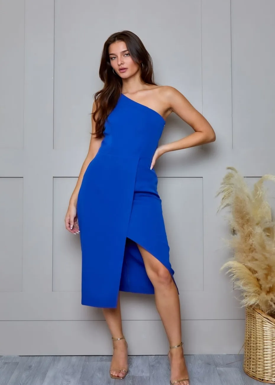 Chi Chi London Blue One Shoulder Split Detail Midi Dress