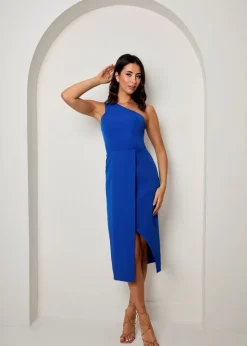 Chi Chi London Blue One Shoulder Split Detail Midi Dress