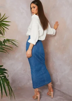 Chi Chi London Blue Split Hem Demin Maxi Skirt