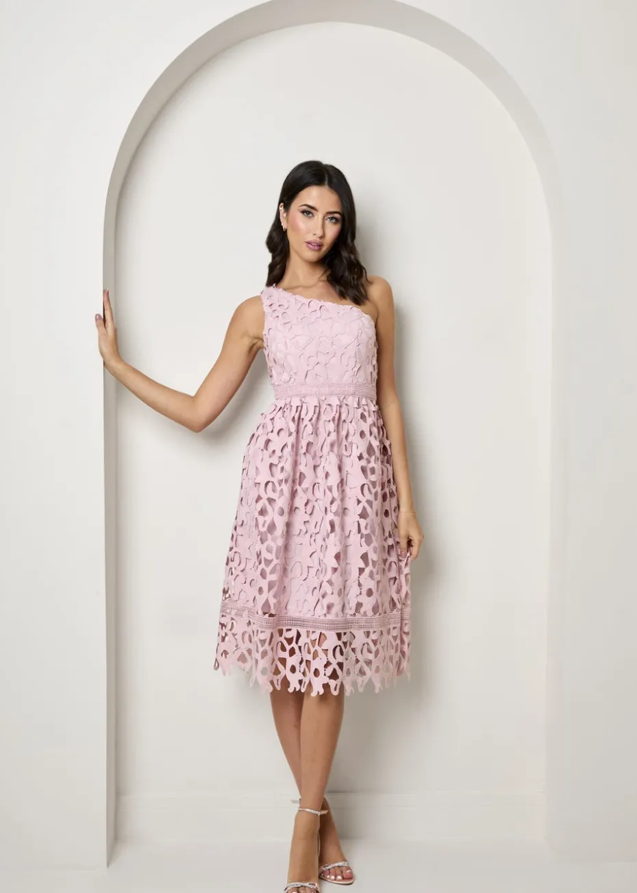 Chi Chi London Blush One Shoulder Premium Lace Midi Dress