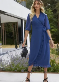 Chi Chi London Cobalt Short Sleeve Dobby Wrap Midi Dress