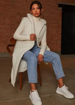 Chi Chi London Cream Diamond Quilted Longline Belted Gilet