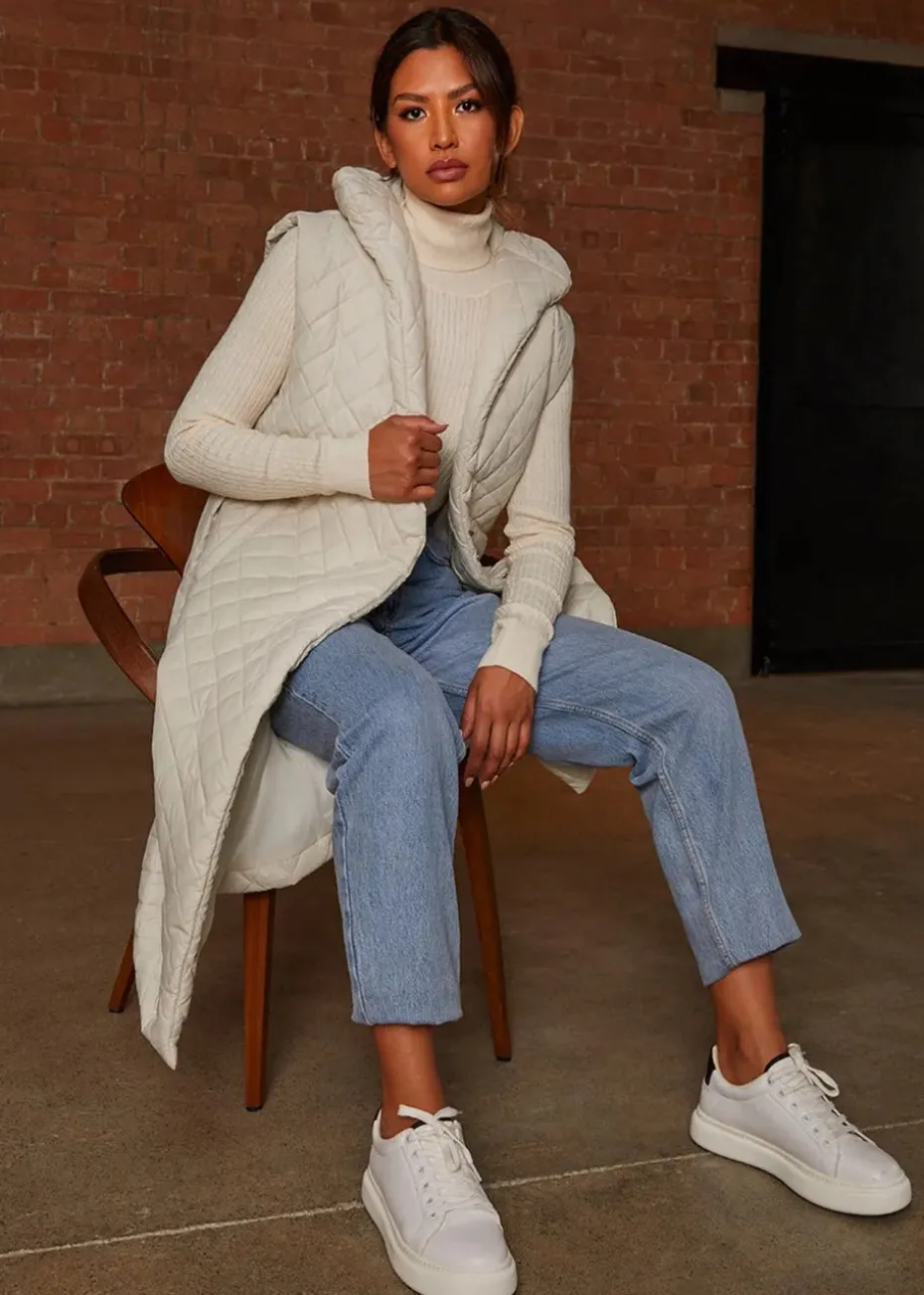 Chi Chi London Cream Diamond Quilted Longline Belted Gilet