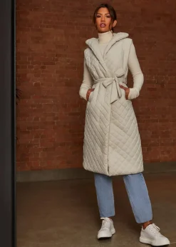 Chi Chi London Cream Diamond Quilted Longline Belted Gilet