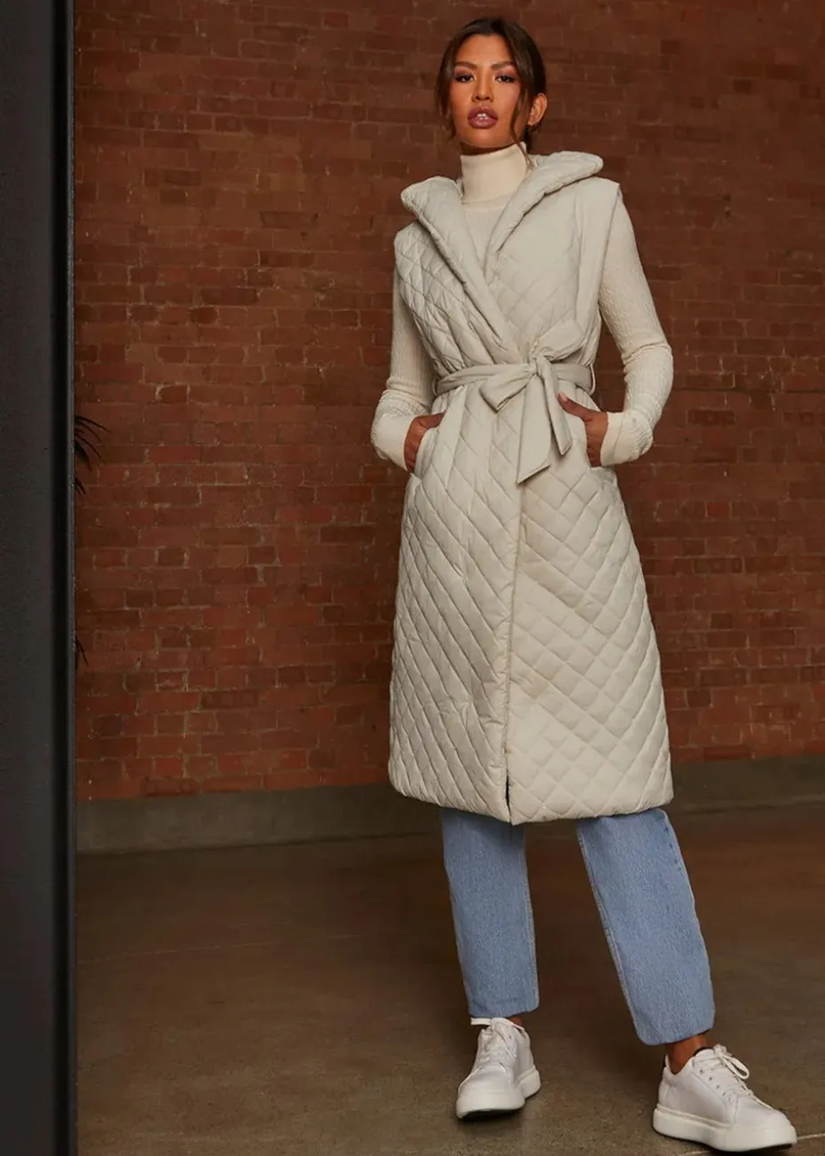 Chi Chi London Cream Diamond Quilted Longline Belted Gilet