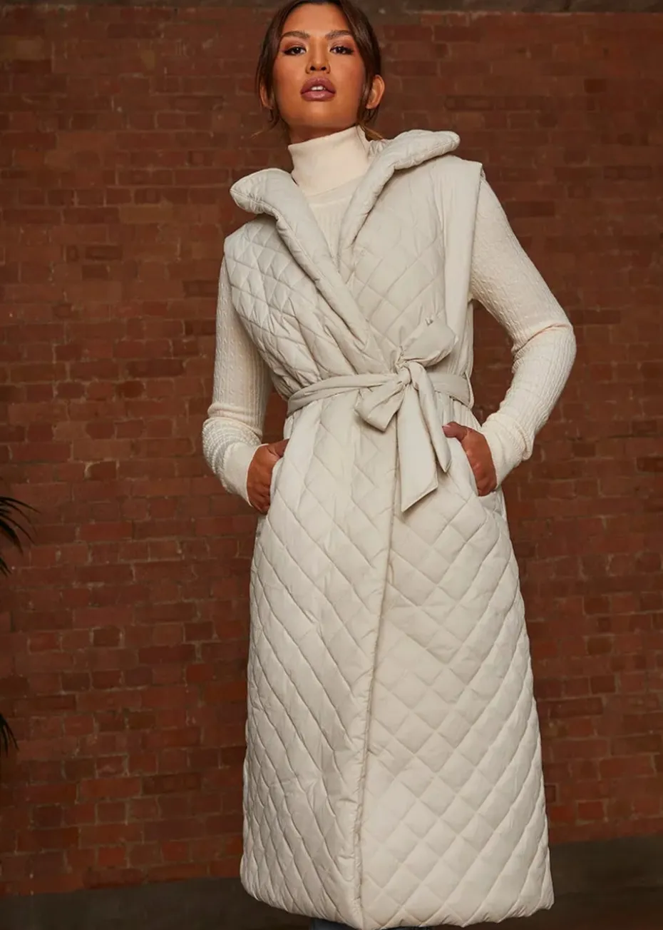 Chi Chi London Cream Diamond Quilted Longline Belted Gilet