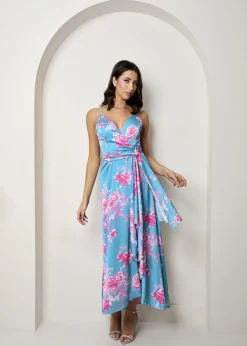 Chi Chi London Green Cami Floral Wrap Midi Dip Hem Dress