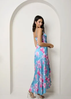 Chi Chi London Green Cami Floral Wrap Midi Dip Hem Dress