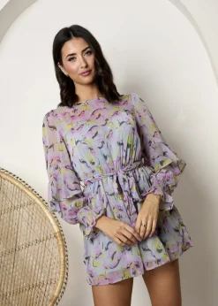 Chi Chi London Grey Long Sleeve Floral Playsuit