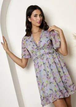 Chi Chi London Grey Short Sleeve Ruffle Mini Dress