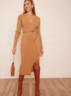 Chi Chi London  Natural Wrap Split Side Knitted Midi Dress