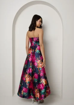 Chi Chi London Navy Bandeau Sweetheart Floral Wrap Detail Dip Hem Dress