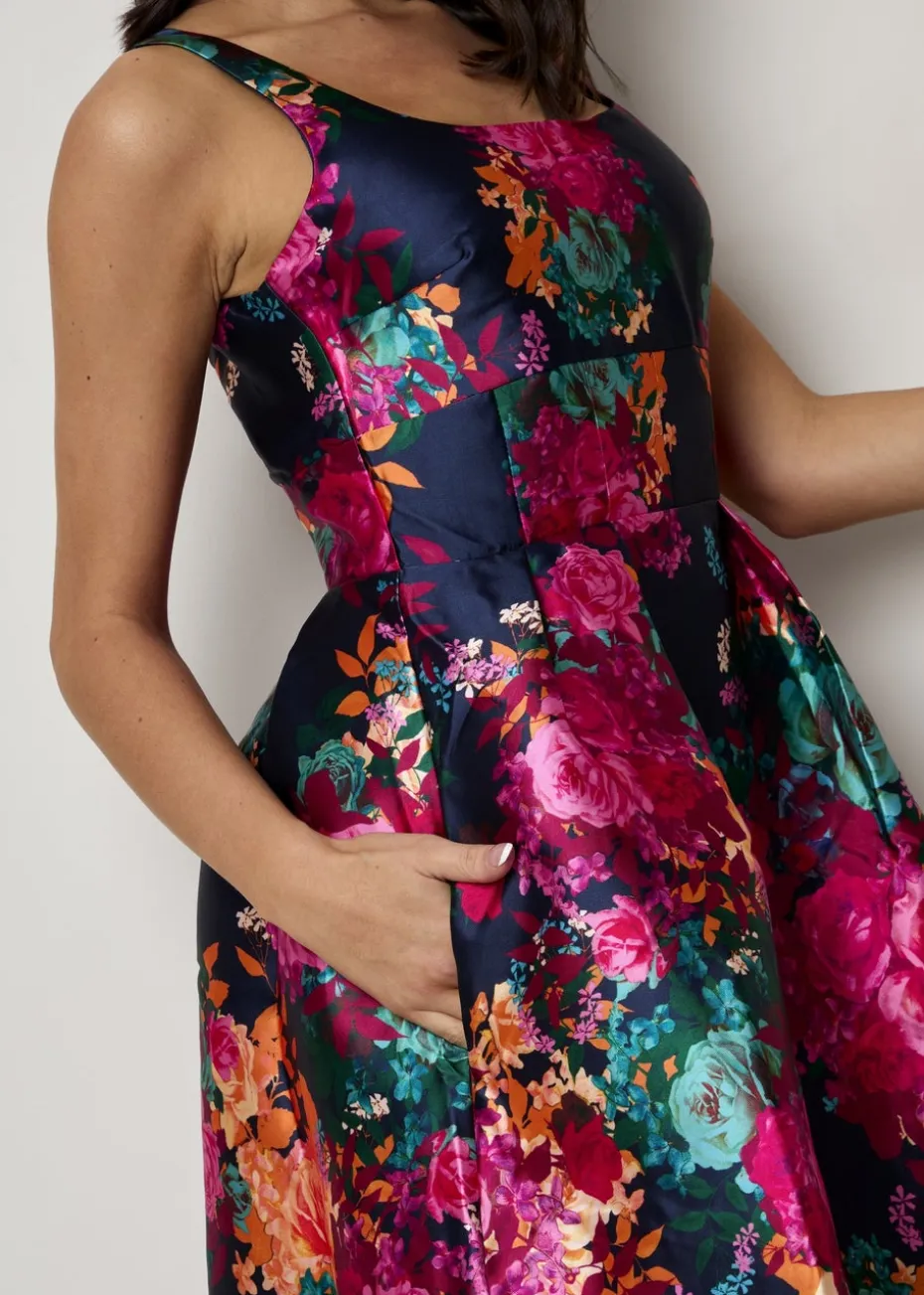 Chi Chi London Navy Sleeveless Floral Fit & Flare Midi Dress